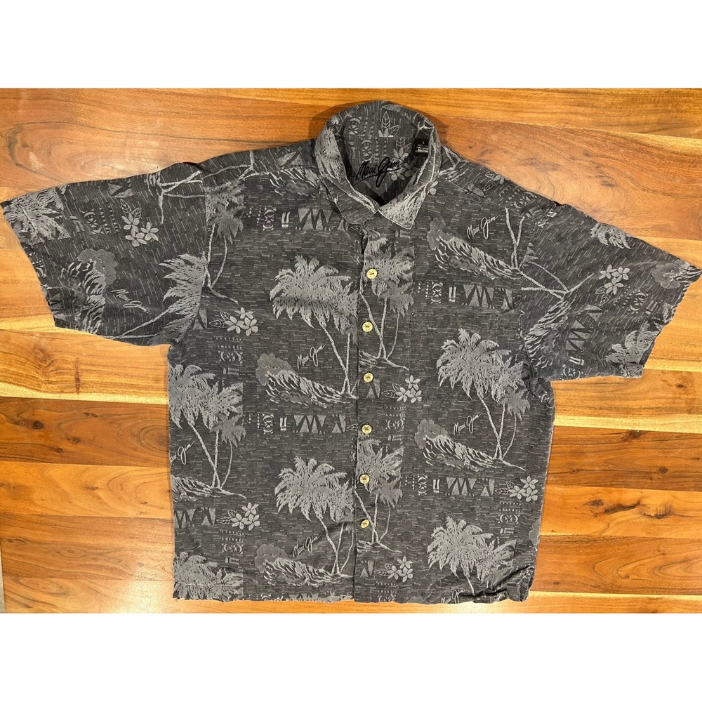 Maui Jim Mens Gray Silk Hawaiian Shirt Large Reverse Print Palm Tree Button Down